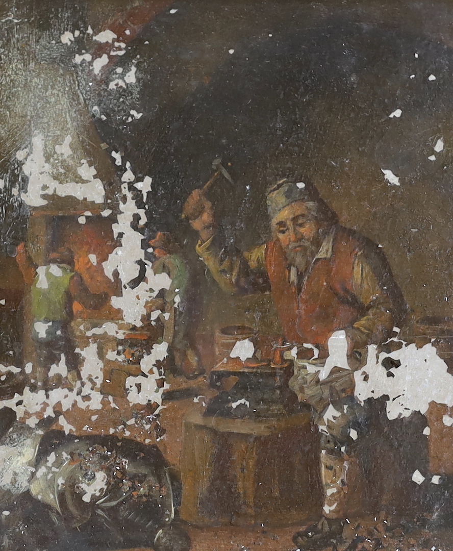 19th century Dutch School, pair of oil on tin panels, Tavern scene and Blacksmith, 20 x 17cm (one a.f.)